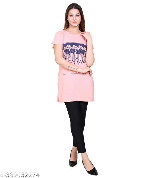 Round Neck Printed Long T-Shirt for Women (Peach, XL)