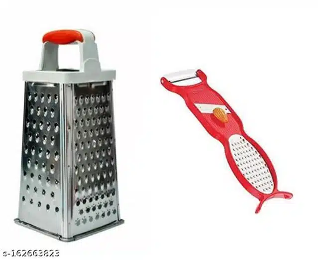 Stainless Steel Vegetable Grater cum Slicer with Multipurpose Peeler (Red & Silver, Set of 2)