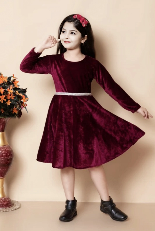 Velvet Solid Dress for Girls (Maroon, 0-3 Months)