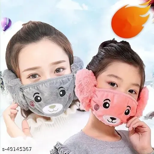 Soft Plush Face Mask with Assorted Earmuffs for Kids (Pack of 2, Multicolor)