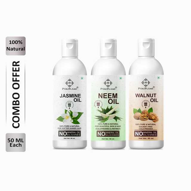 Puriflame Pure Jasmine Oil (50 ml), Neem Oil (50 ml) & Walnut Oil (50 ml) Combo for Rapid Hair Growth (Pack of 3) (B-11245)