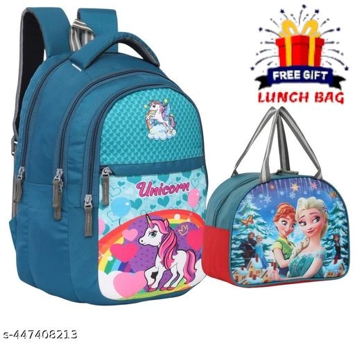 Polyester Backpack with Lunch Box Bag for Kids (Multicolor, Set of 2)