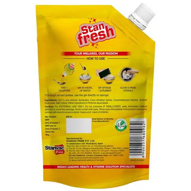 Stanfresh Dish Wash Gel 500 ml Super Saver Pouch (Lemon & Neem)