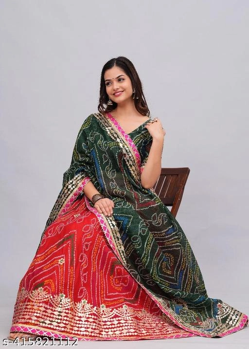 Kota Doriya Bandhani Semi Stitched Lehenga with Choli & Dupatta for Women (Green & Red)