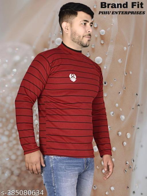 Acrylic Striped Sweater for Men (Red, M)