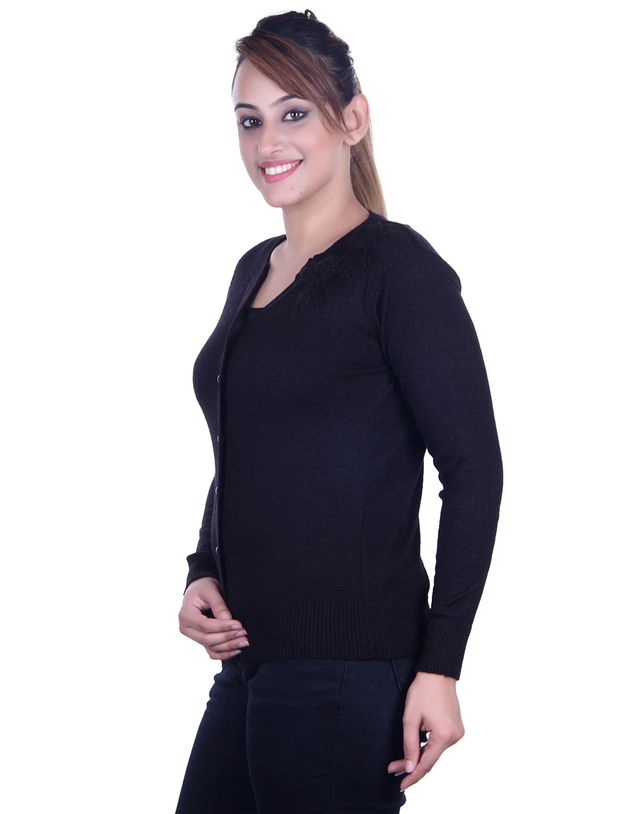 V Neck Solid Cardigans for Women (Black, M)