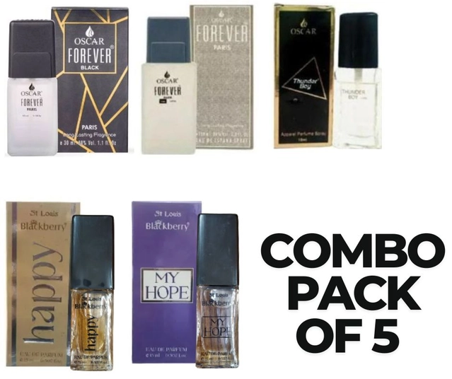 Combo of Oscar Forever Paris Grey 10 ml, Forever Black Perfume 10 ml, Forever Thunder Boy Perfume 10 ml, Happy Perfume 15ml, & My Hope Perfume 15 ml (Pack of 5)