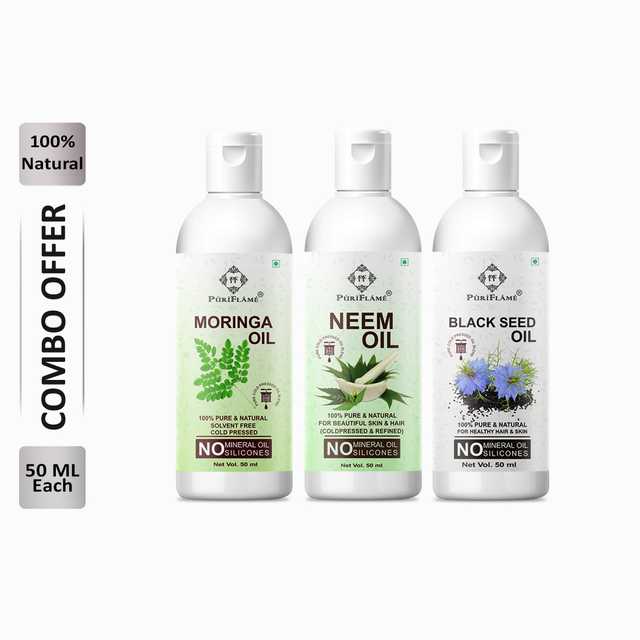 Puriflame Pure Moringa Oil (50 ml), Neem Oil (50 ml) & Black Seed Oil (50 ml) Combo for Rapid Hair Growth (Pack Of 3) (B-11845)