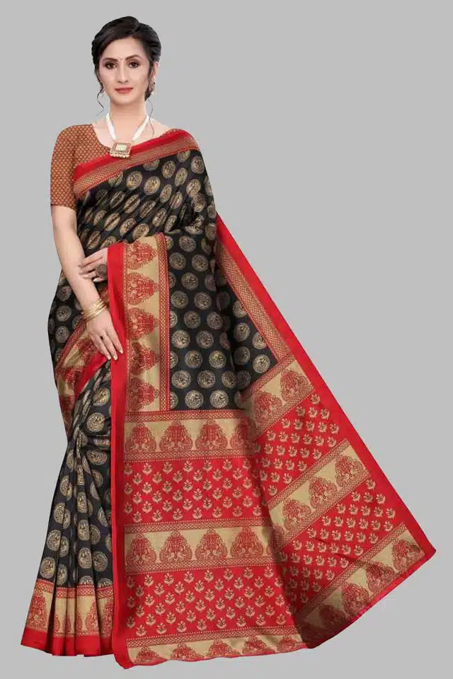 Printed Saree with Unstitched Blouse Piece for Women (Black, 6 m)