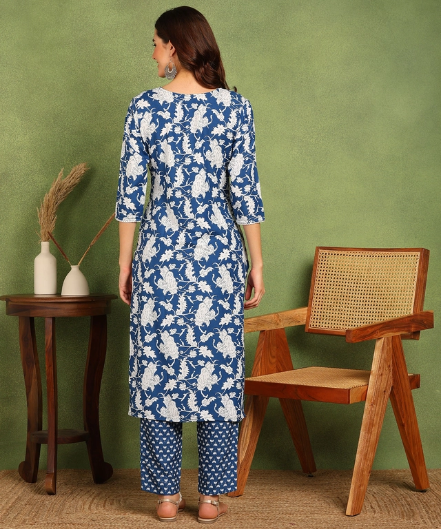 Rayon Printed Kurti with Pant for Women (Blue, S)