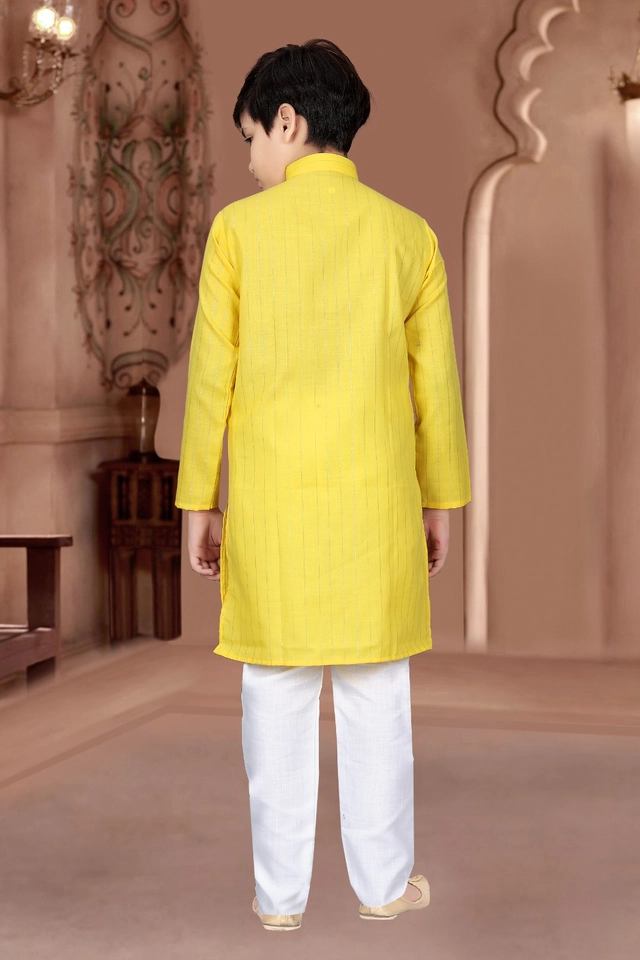 Cotton Full Sleeves Kurta with Pyjama for Boys (Yellow & White, 3-5 Years)