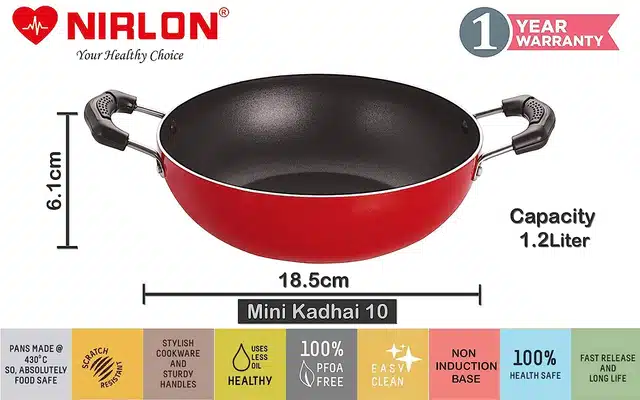 NIRLON Aluminium Kadhai (Red & Black, 1200 ml)