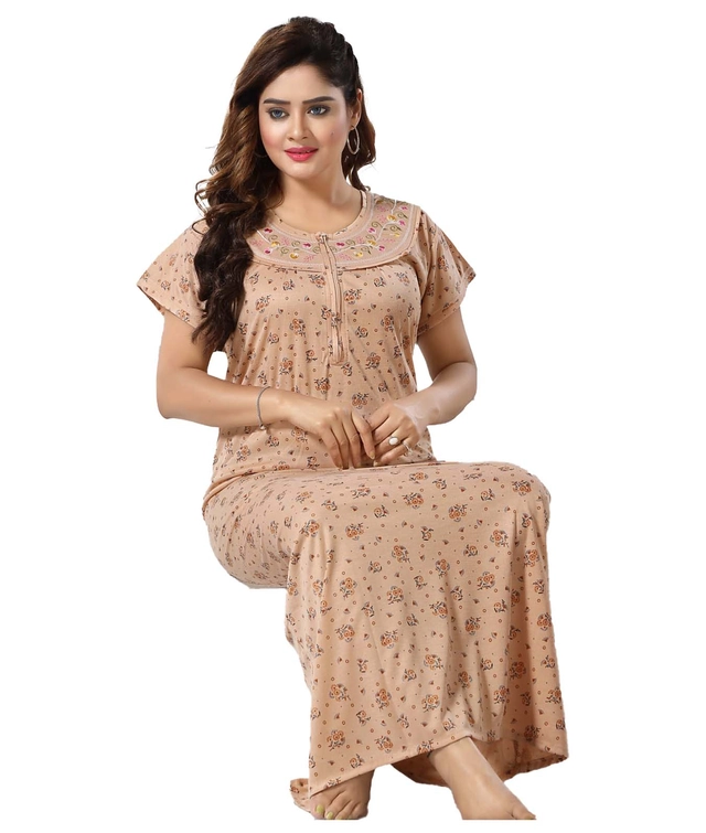 Hosiery Printed Nightdress for Women (Mustard, M)