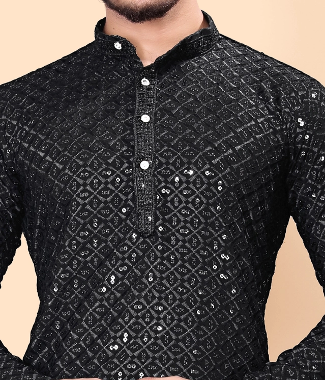 Cotton Blend Embroidered Kurta for Men (Black, S)