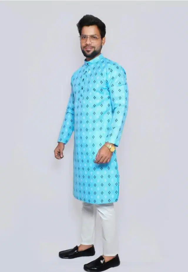 Cotton Printed Full Sleeves Kurta with Pyjama for Men (Sky Blue, M)