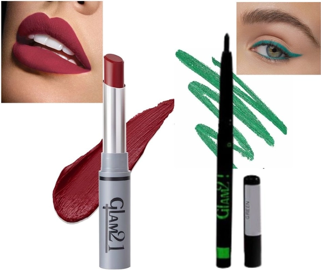 Glam21 Long Lasting Lipstick with Waterproof Kajal (Maroon & Green, Set of 2)