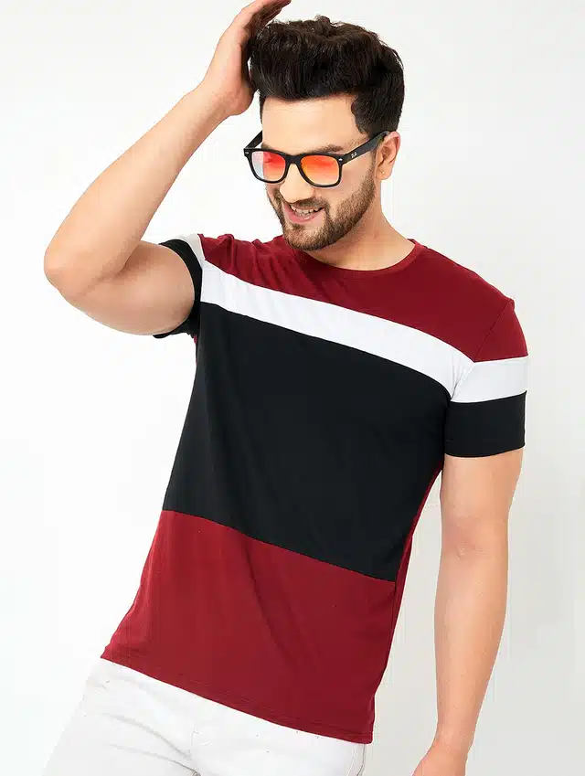 Men's Color Blocked Casual T-shirt (Maroon, S)