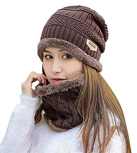 Woolen Cap with Neck Warmer for Women (Brown)