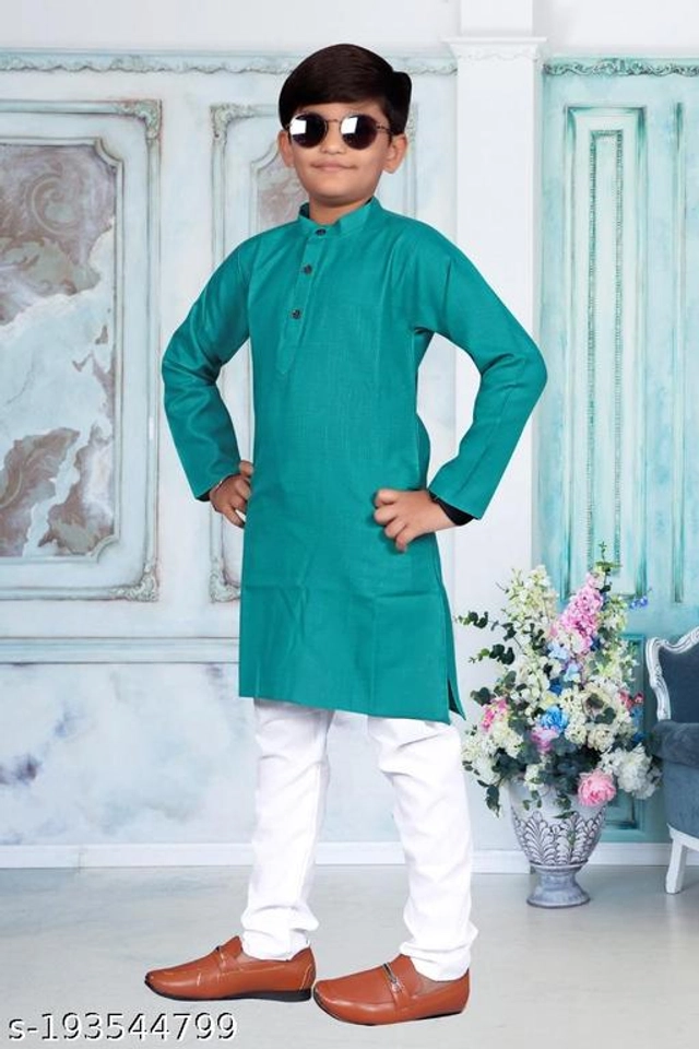 Cotton Blend Kurta Sets for Boys (2-3 Years, Turquoise & White)