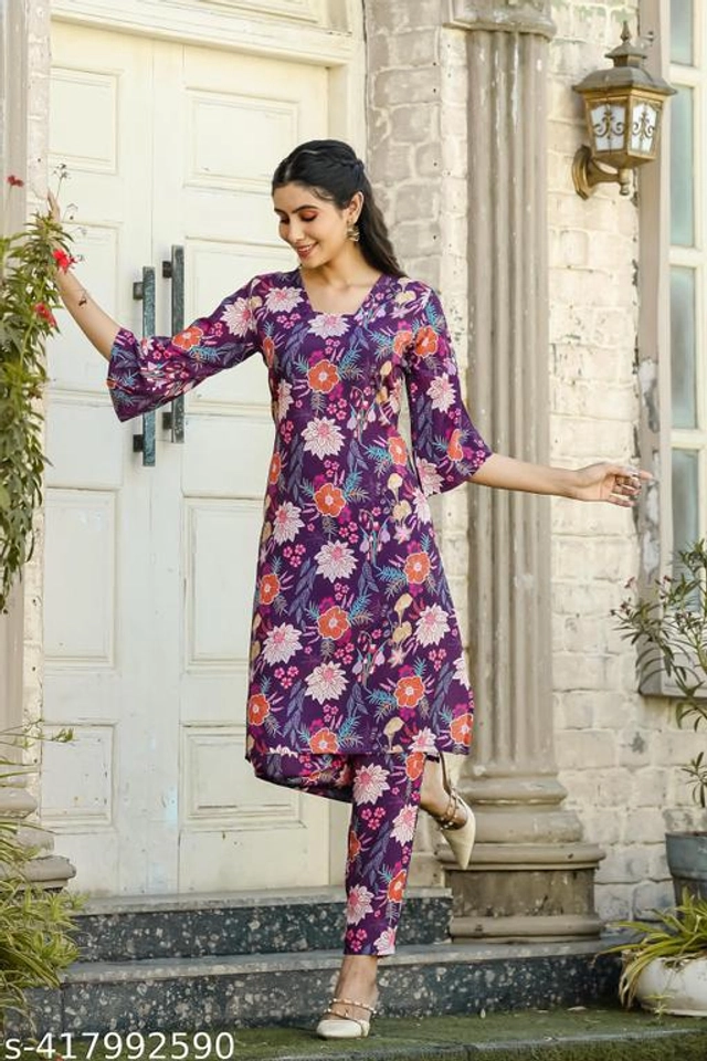 Rayon Printed Kurti with Pant for Women (Purple, S)