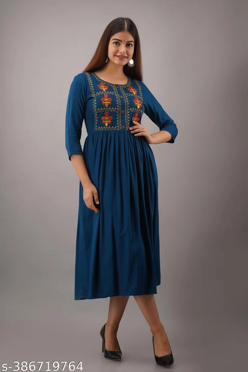 Viscose Rayon Embroidered Dress for Women (Teal, S)