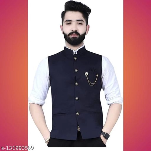 Cotton Slub Ethnic Jacket for Men (Navy Blue, M)