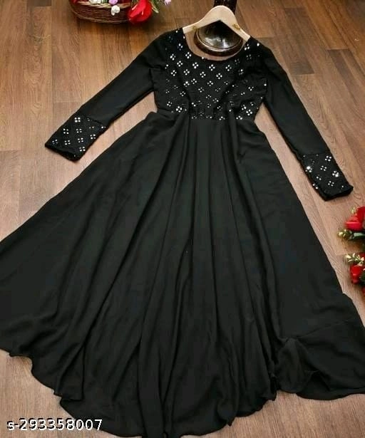 Georgette Embroidered Anarkali Kurti for Women (Black, S)