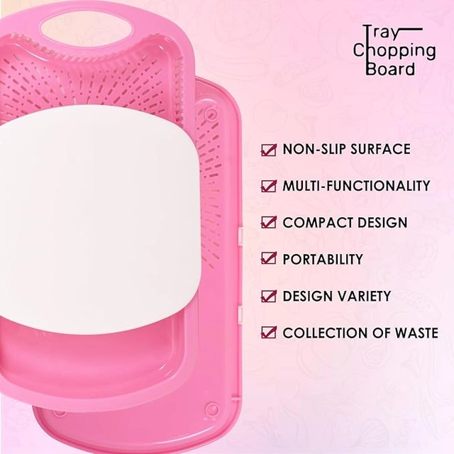 Plastic Chopping Board with Tray (Pink, Set of 1)