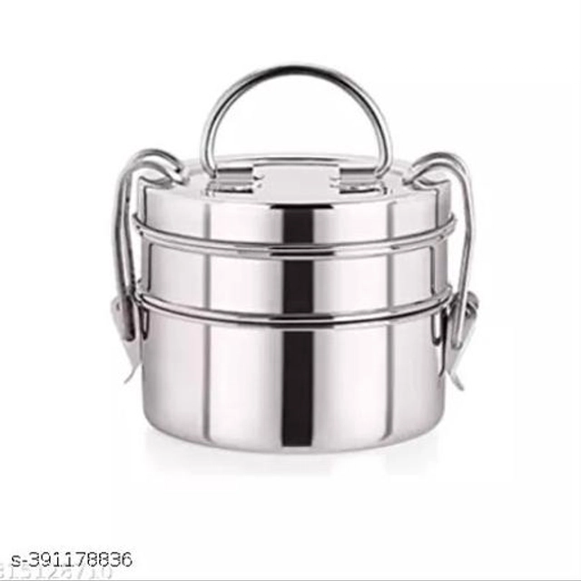 Stainless Steel 2 Layer Lunch Box (Silver, Pack of 2)