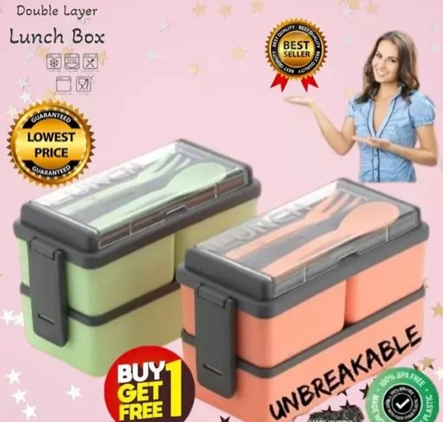 Plastic 3-in-1 Compartment Lunch Box with Spoon & Fork (Multicolor, 1500 ml) (Set of 2)