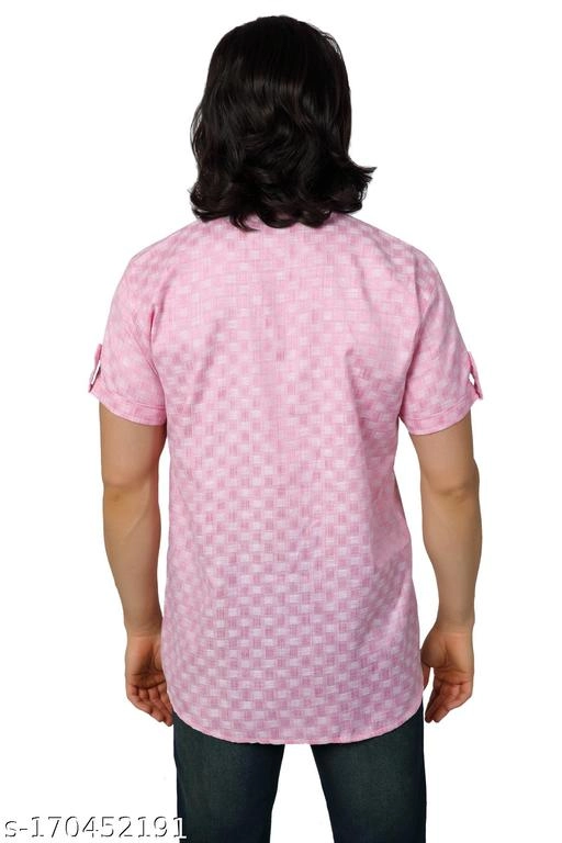 Dupion Silk Printed Short Kurta for Men (Pink, S)