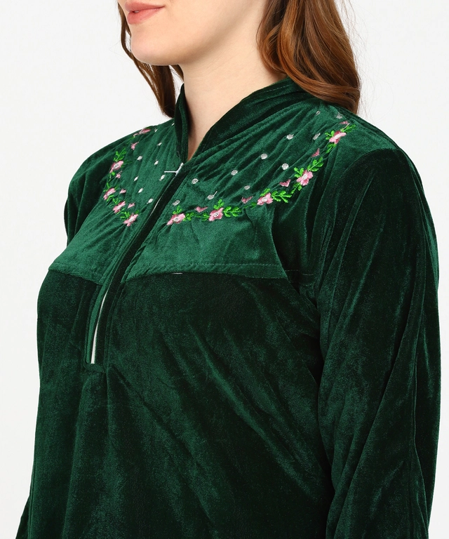 Velvet Embroidered Nightdress for Women (Bottle Green, Free Size)