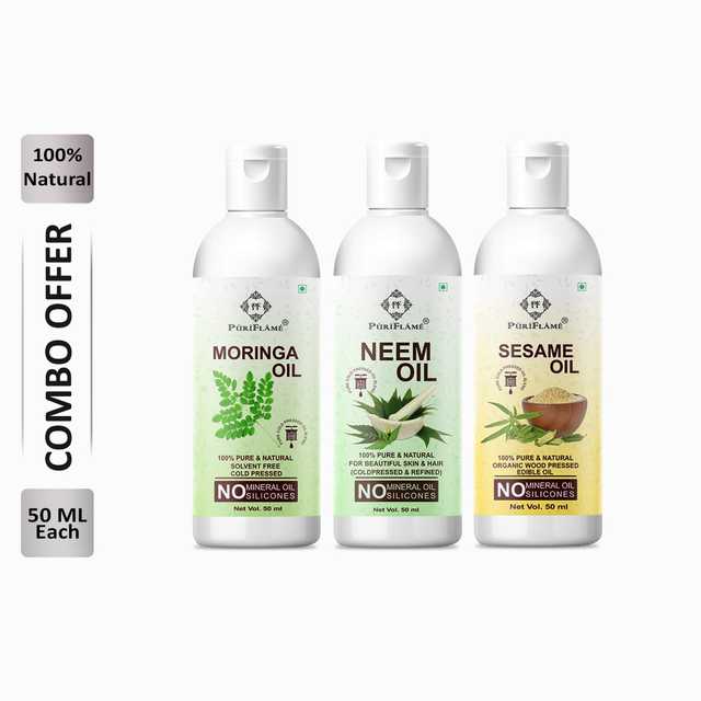 Puriflame Pure Moringa Oil (50 ml), Neem Oil (50 ml) & Sesame Oil (50 ml) Combo for Rapid Hair Growth (Pack of 3) (B-11856)