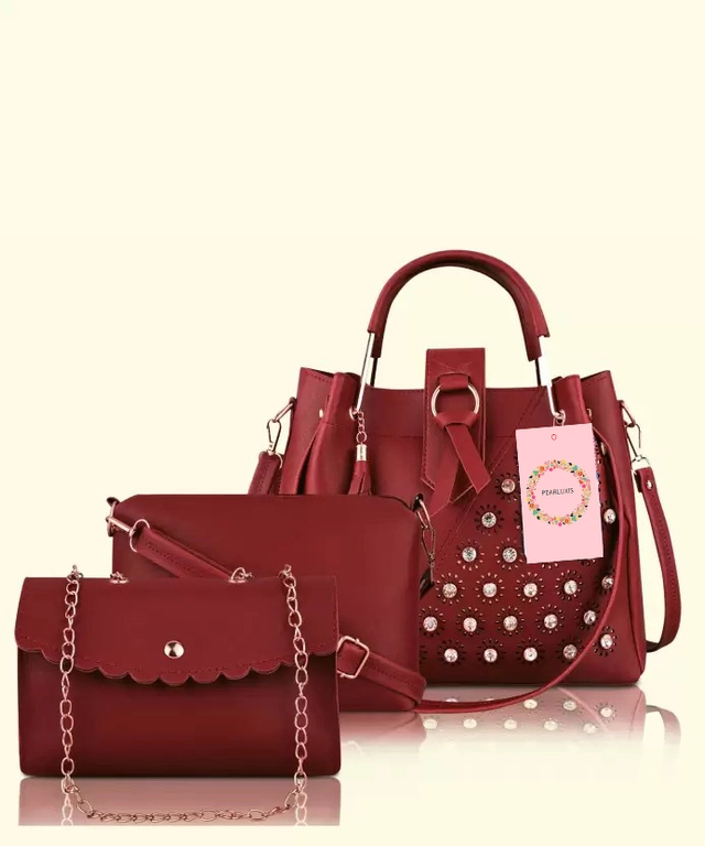 PU Solid Handbags for Women (Maroon, Set of 3)