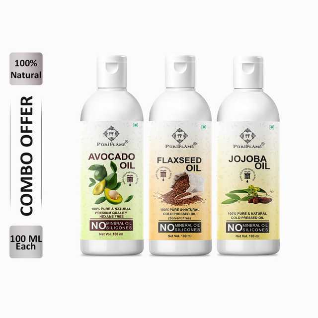 PuriFlame Pure Avocado Oil (100 ml) & Flaxseed Oil (100 ml) & Jojoba Oil (100 ml) Combo For Rapid Hair Growth (Pack Of 3) (B-2385)