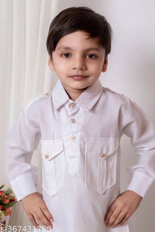 Cotton Solid Kurta with Pyjama for Boys (White, 2-3 Years)