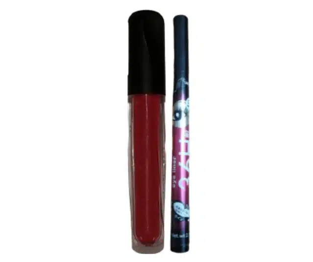 Matte Liquid Gloss with Long Lasting Waterproof Eyeliner (Maroon & Black, Pack of 2)