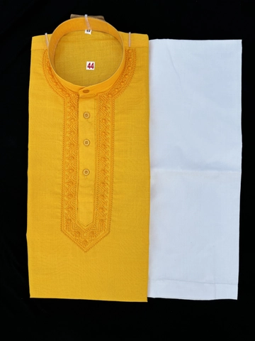 Cotton Full Sleeves Embroidered Kurta Set for Men (Yellow & White, M)