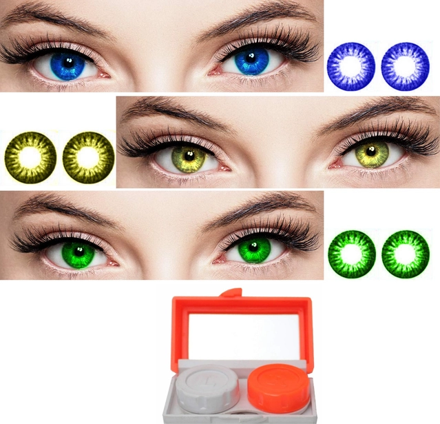 Combo of Zero Power Colored Contact Lenses for Eyes with Case (Multicolor, Set of 3)