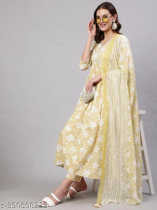 Mulmul Printed Anarkali Kurti with Pant & Dupatta for Women (Yellow, S)