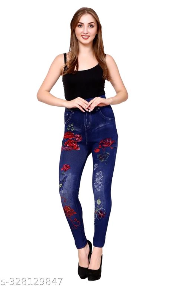 Polyester Dyed Jeggings for Women (Navy Blue, M)