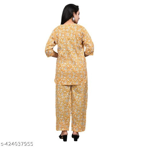 Rayon Printed Nightsuit for Women (Mustard, S)