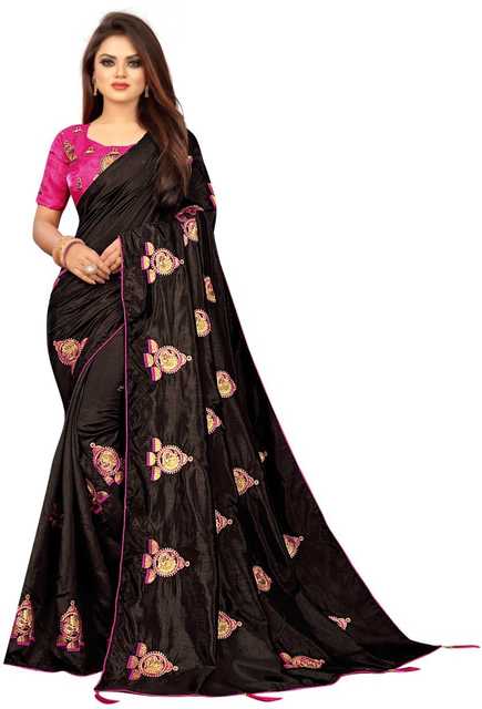 Georgette Embroidered Saree With Unstitched Blouse (Black, 5.5 mtr) (EL-065)