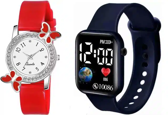 Analog & Smart Watch Combo for Women & Girls (Red & Navy Blue, Pack of 2)
