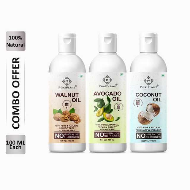 PuriFlame Pure Walnut Oil (100 ml) & Avocado Oil (100 ml) & Coconut Oil (100 ml) Combo For Rapid Hair Growth (Pack Of 3) (B-7781)