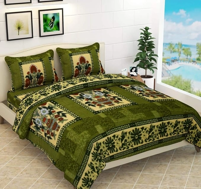 Fleece Floral Flat Bedsheets with Two Pillow Covers (Olive, 108x108 Inches)