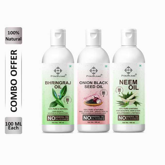 PuriFlame Pure Bhringraj Oil (100 ml) & Onionblackseed Oil (100 ml) & Neem Oil (100 ml) Combo For Rapid Hair Growth (Pack Of 3) (B-2856)