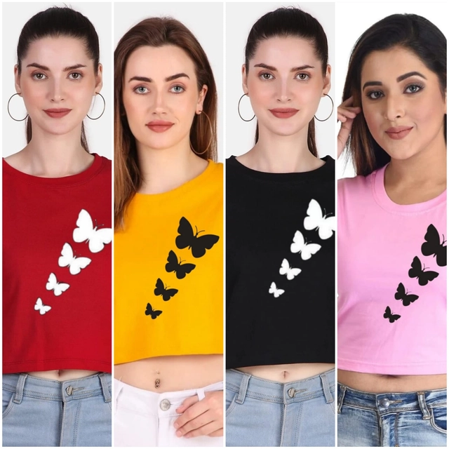 Round Neck Printed Crop T-Shirts for Women & Girls (Multicolor, S) (Pack of 4)