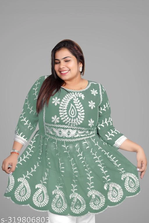 Georgette Chikankari Top for Women (Sea Green, M)