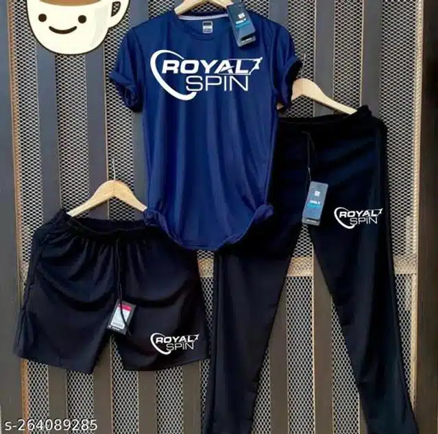 Half Sleeves T-Shirt with Trackpant & Shorts (Blue & Black, S) (Set of 1)